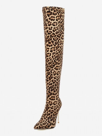 Botas Cano Alto Femininas Micro Camurça Com Estampa Leopardo Bico Fino Salto Agulha Sobre O Joelho