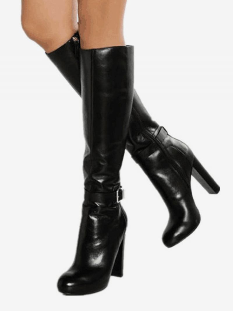 Botas Cano Alto Femininas Pretas Bico Fino Salto Grosso Casuais Diárias - Preto