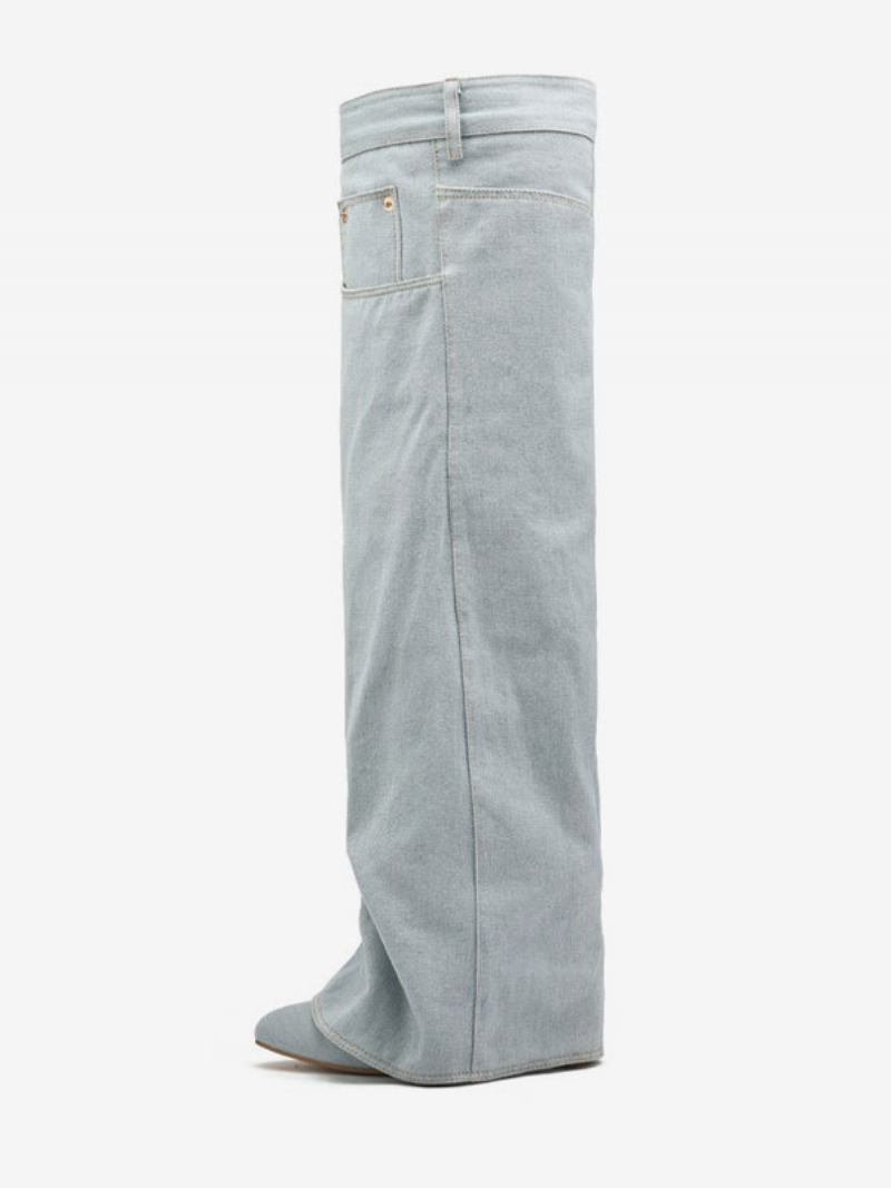 Botas Cano Alto Jeans Femininas Com Salto Cunha Em Lona E