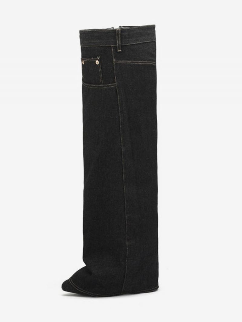 Botas Cano Alto Jeans Femininas Com Salto Cunha Em Lona E - Preto