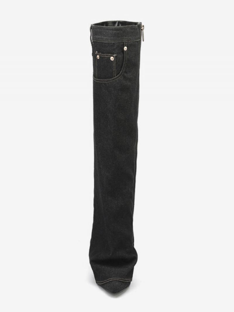 Botas Cano Alto Jeans Femininas Com Salto Cunha Em Lona E - Preto