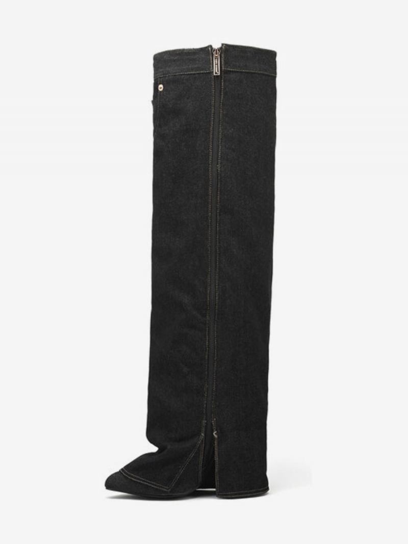 Botas Cano Alto Jeans Femininas Com Salto Cunha Em Lona E - Preto