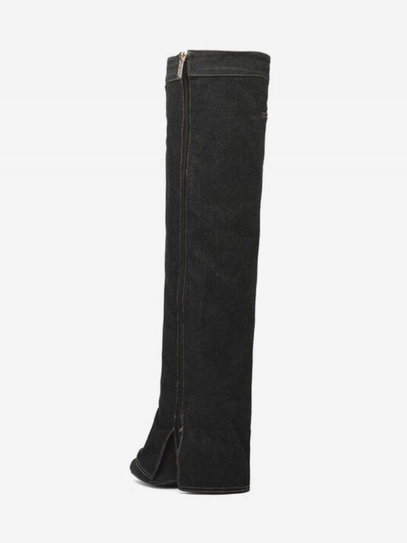 Botas Cano Alto Jeans Femininas Com Salto Cunha Em Lona E - Preto