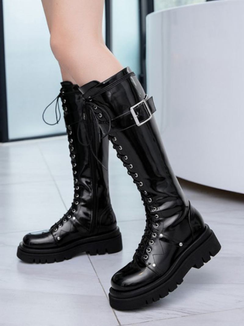 Botas Cano Alto Pretas Com Bico Redondo E Tiras Ajustáveis Femininas Casuais Diárias - Preto