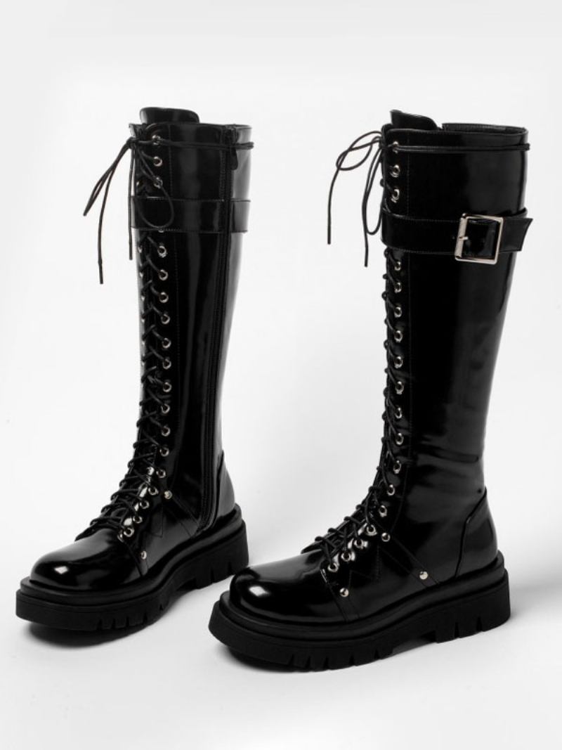 Botas Cano Alto Pretas Com Bico Redondo E Tiras Ajustáveis Femininas Casuais Diárias - Preto