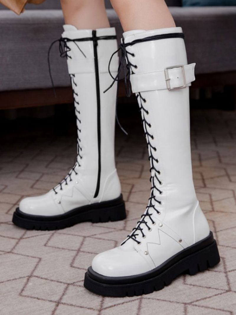 Botas Cano Alto Pretas Com Bico Redondo E Tiras Ajustáveis Femininas Casuais Diárias - Branco