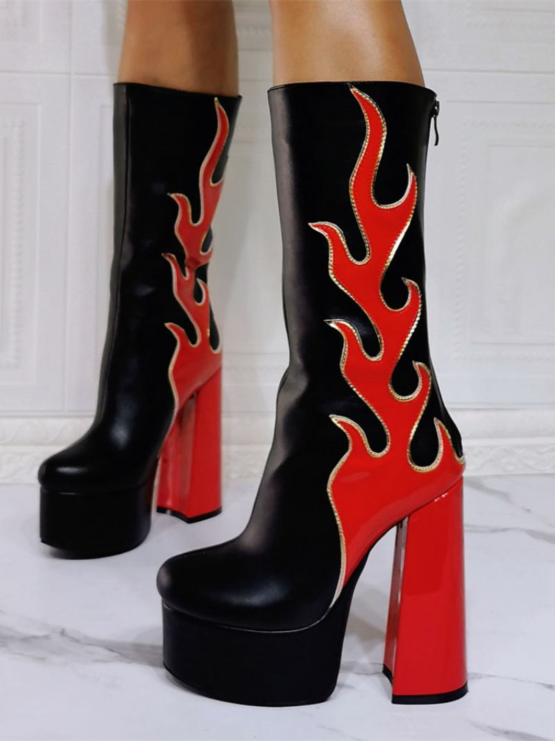 Botas Cano Médio Para Mulheres Vermelho Flame Padrão Geométricas Couro Pu Com Bico Redondo - Vermelho