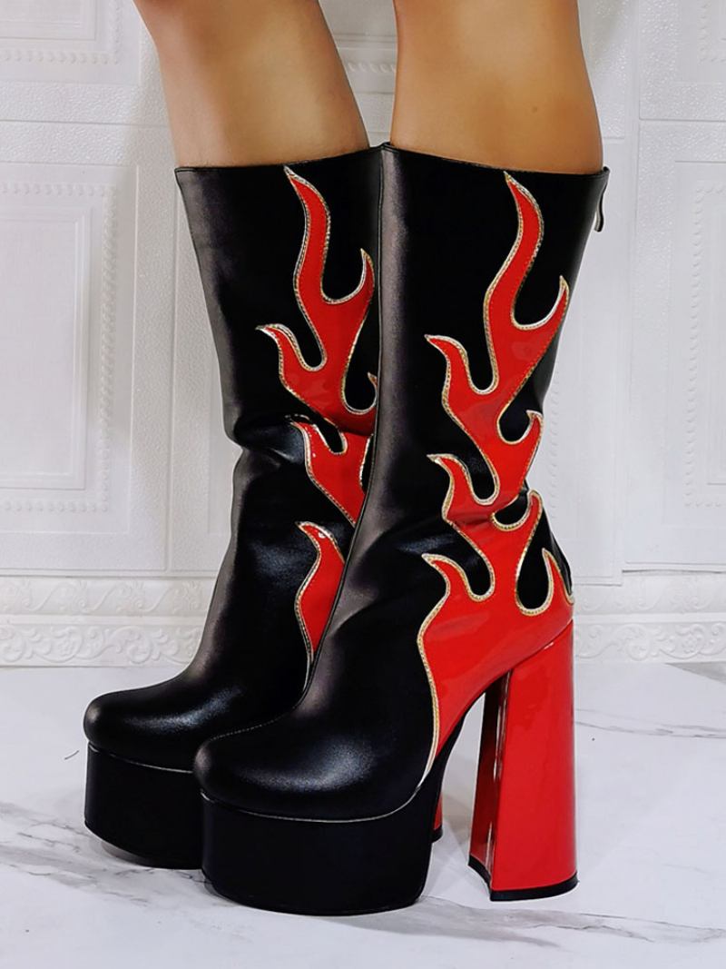 Botas Cano Médio Para Mulheres Vermelho Flame Padrão Geométricas Couro Pu Com Bico Redondo - Vermelho