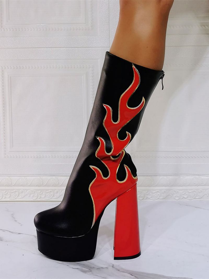 Botas Cano Médio Para Mulheres Vermelho Flame Padrão Geométricas Couro Pu Com Bico Redondo - Vermelho