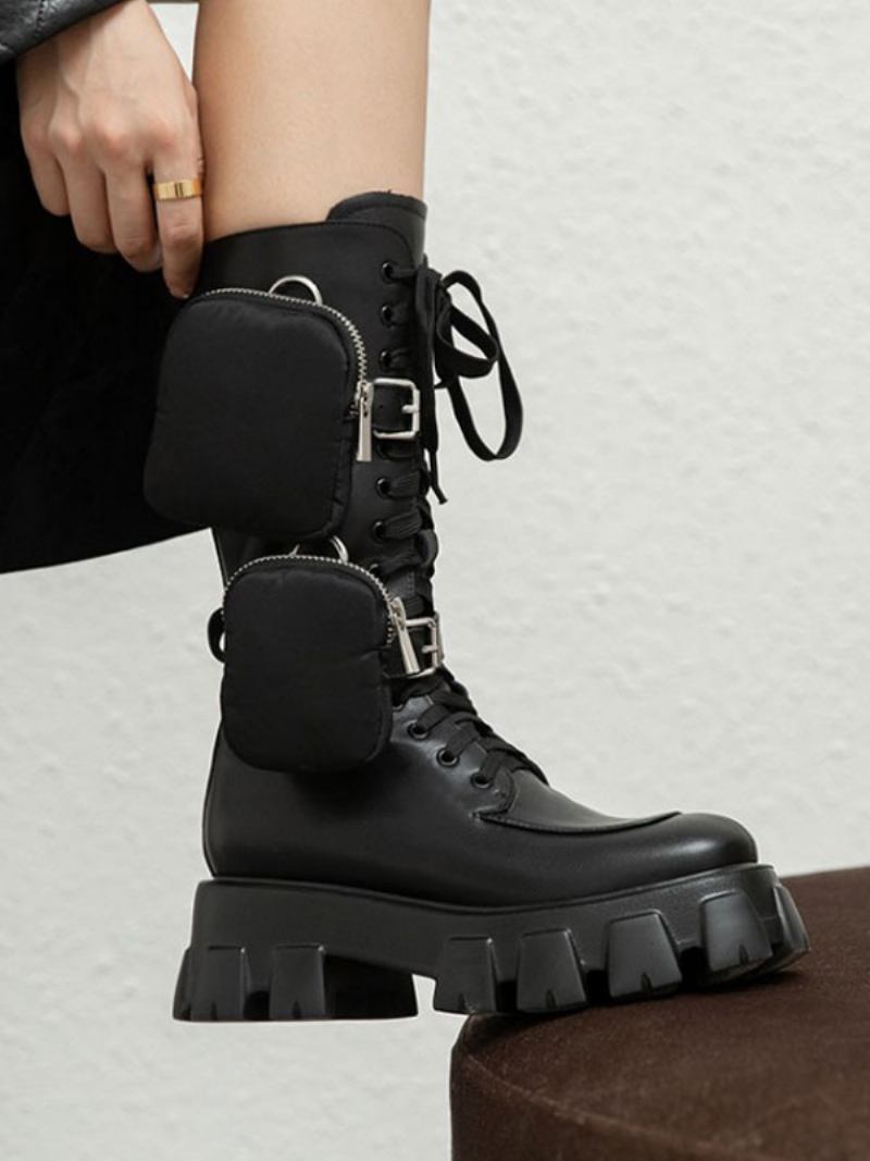 Botas Cano Médio Pretas Com Bico Redondo E Bolso Lateral Femininas Da Moda - Preto