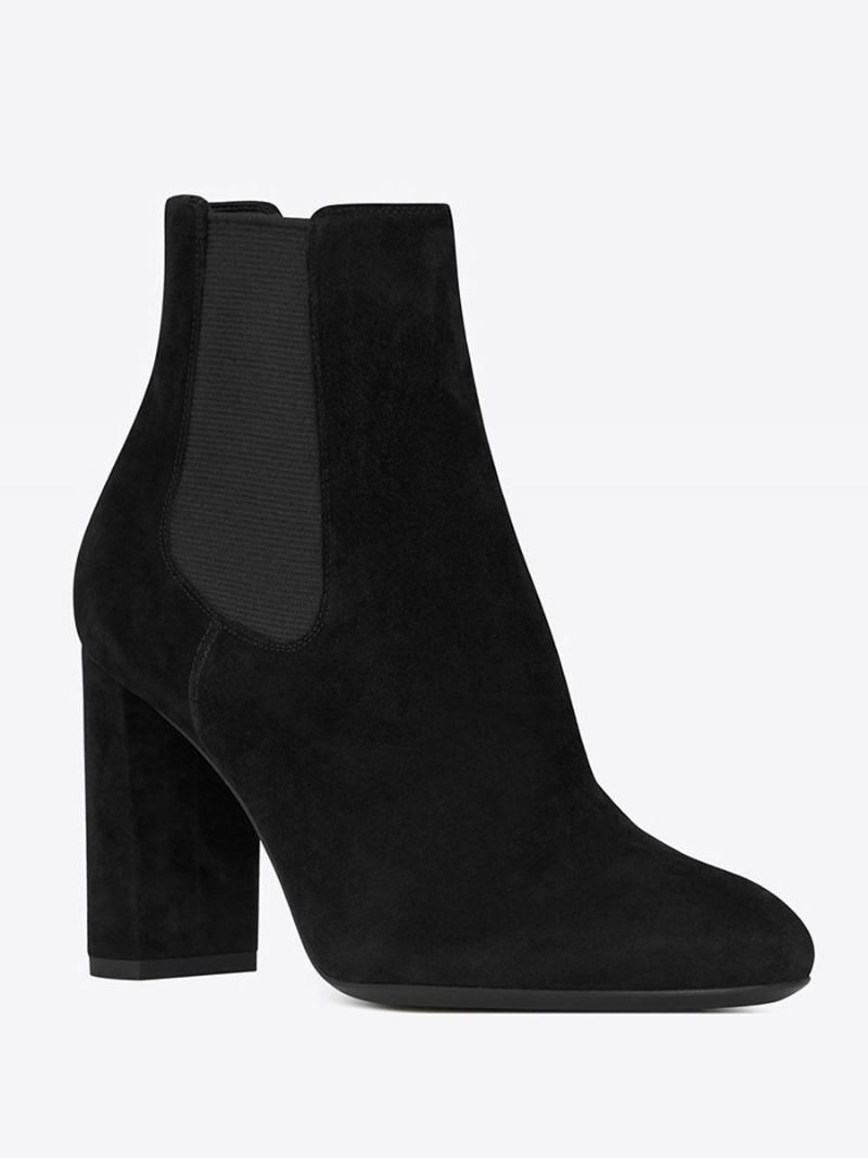 Botas Chelsea Pretas Femininas Com Bico Fino E Salto Grosso - Preto