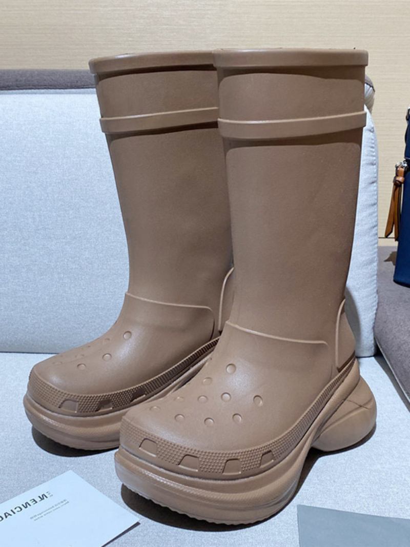 Botas Chuva Rosa Femininas Com Plataforma Redonda E Impermeáveis - Castanho Café