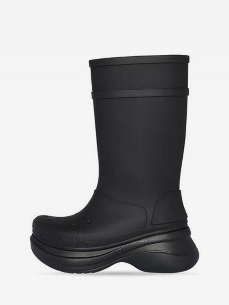 Botas Chuva Rosa Femininas Com Plataforma Redonda E Impermeáveis - Preto