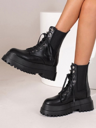 Botas Combate Femininas Pretas Com Plataforma Redonda E Salto Grosso