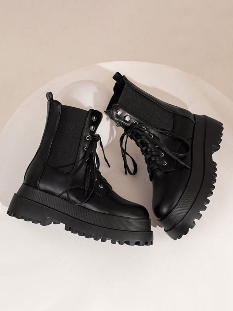 Botas Combate Femininas Pretas Com Plataforma Redonda E Salto Grosso - Preto