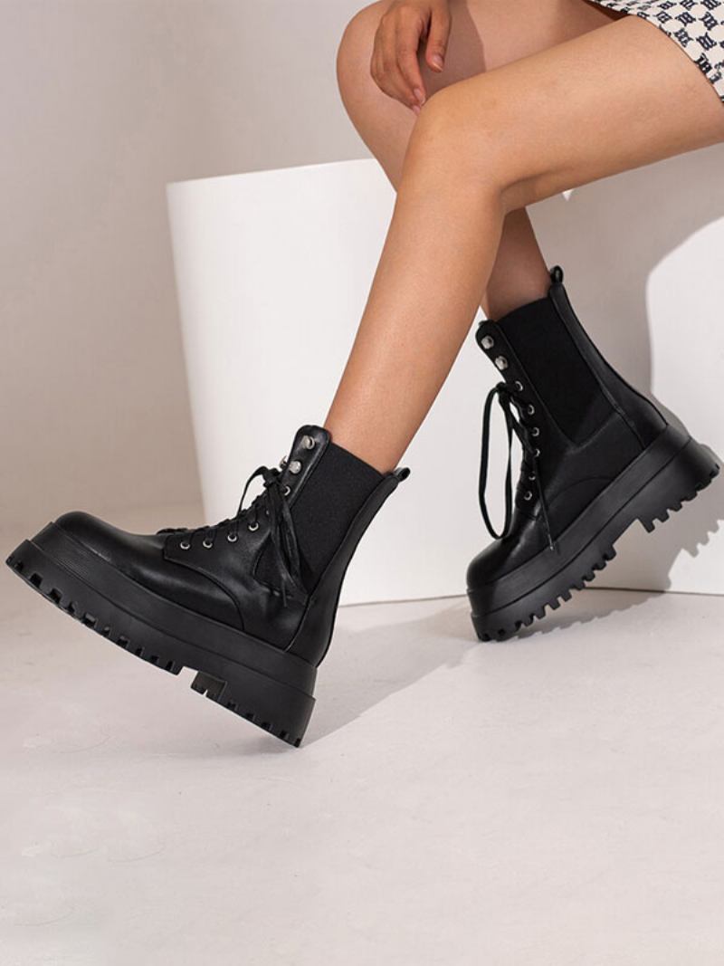 Botas Combate Femininas Pretas Com Plataforma Redonda E Salto Grosso - Preto