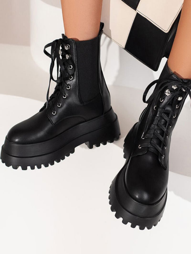 Botas Combate Femininas Pretas Com Plataforma Redonda E Salto Grosso - Preto