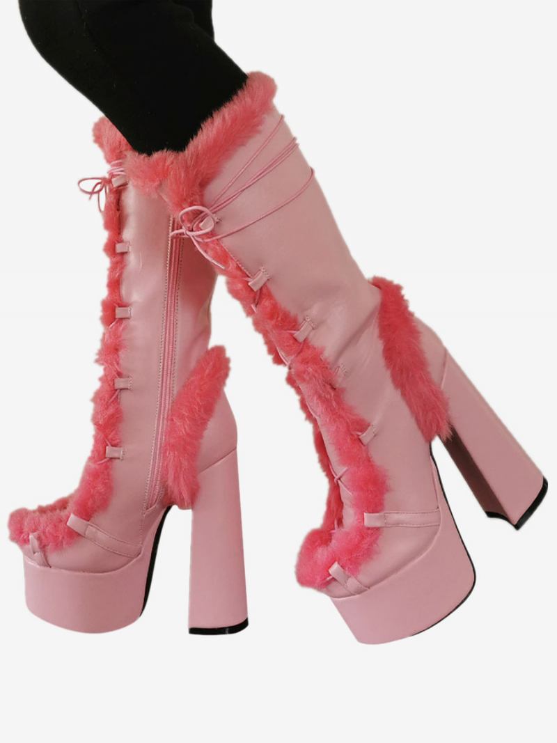 Botas Couro Pu Com Plataforma Redonda E Salto Médio Para Mulheres - Rosa