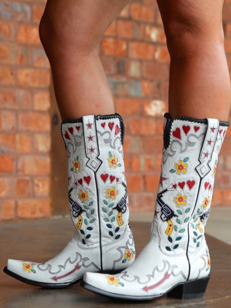 Botas Cowboy Brancas Femininas Com Bico Fino E Flores Bordadas Ocidentais