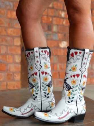 Botas Cowboy Brancas Femininas Com Bico Fino E Flores Bordadas Ocidentais