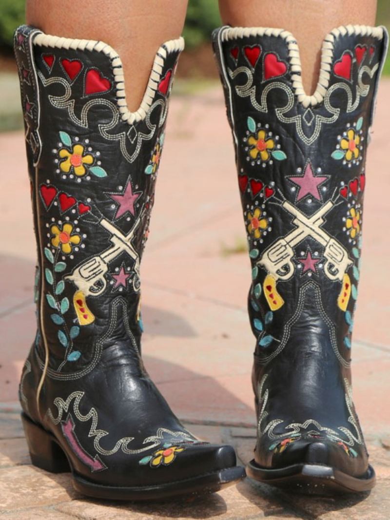 Botas Cowboy Brancas Femininas Com Bico Fino E Flores Bordadas Ocidentais - Preto