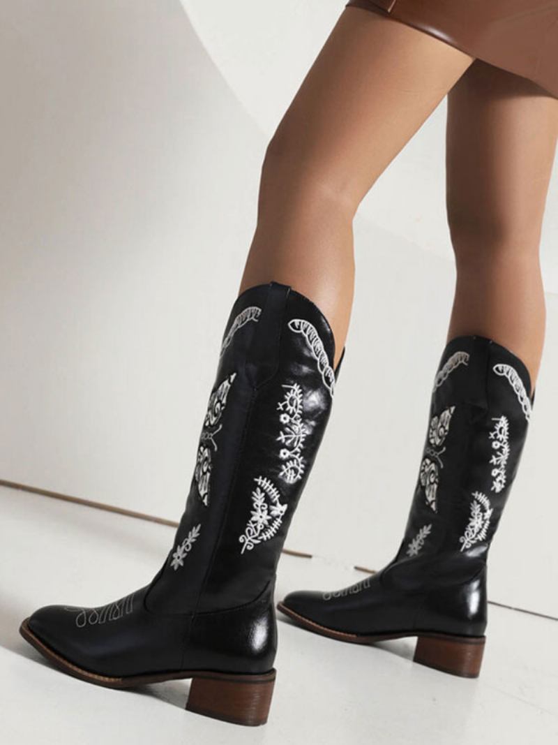 Botas Cowboy Pretas Femininas Com Salto Médio Panturrilha Sapatos Casamento Vaqueira