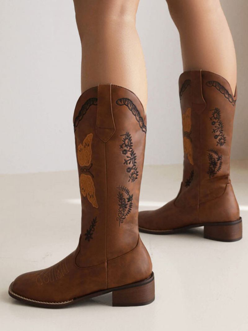 Botas Cowboy Pretas Femininas Com Salto Médio Panturrilha Sapatos Casamento Vaqueira - Castanho Profundo