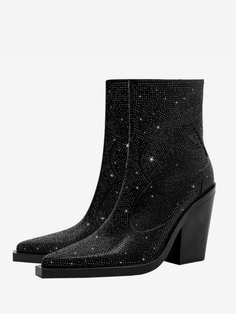 Botas Cowgirl Pretas Femininas Com Strass Em Couro Pu Bico Fino E Salto Bloco Ocidentais - Preto