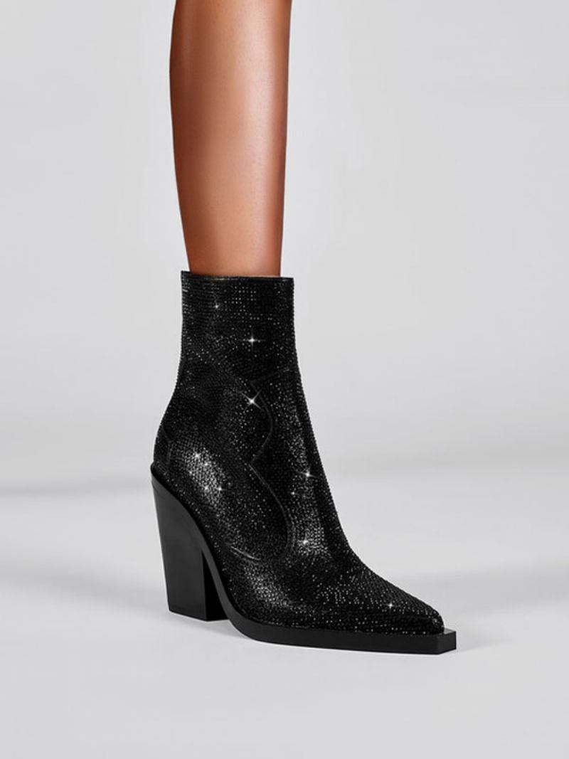 Botas Cowgirl Pretas Femininas Com Strass Em Couro Pu Bico Fino E Salto Bloco Ocidentais - Preto