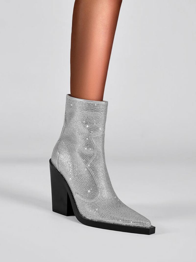 Botas Cowgirl Pretas Femininas Com Strass Em Couro Pu Bico Fino E Salto Bloco Ocidentais - Prata