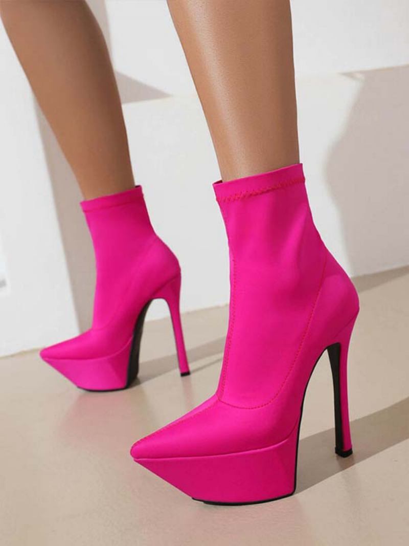 Botas Elásticas Femininas Com Plataforma Bico Fino E Salto Agulha - Rosa