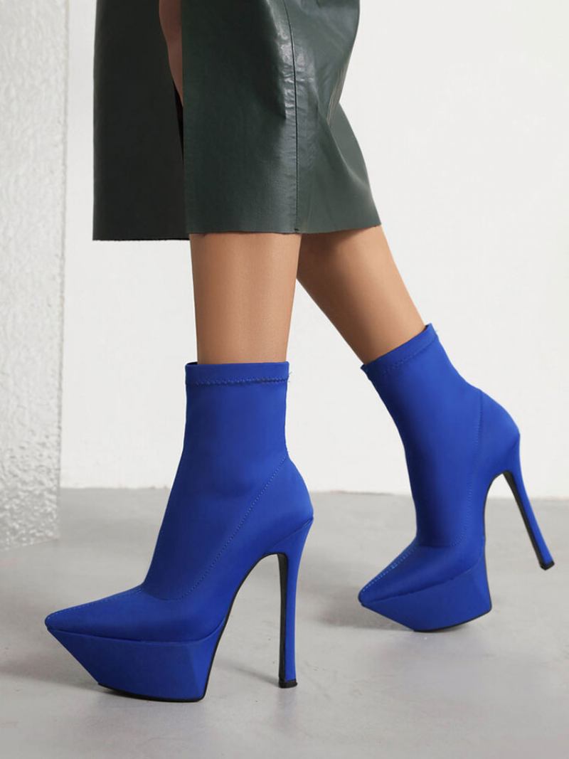 Botas Elásticas Femininas Com Plataforma Bico Fino E Salto Agulha - Azul