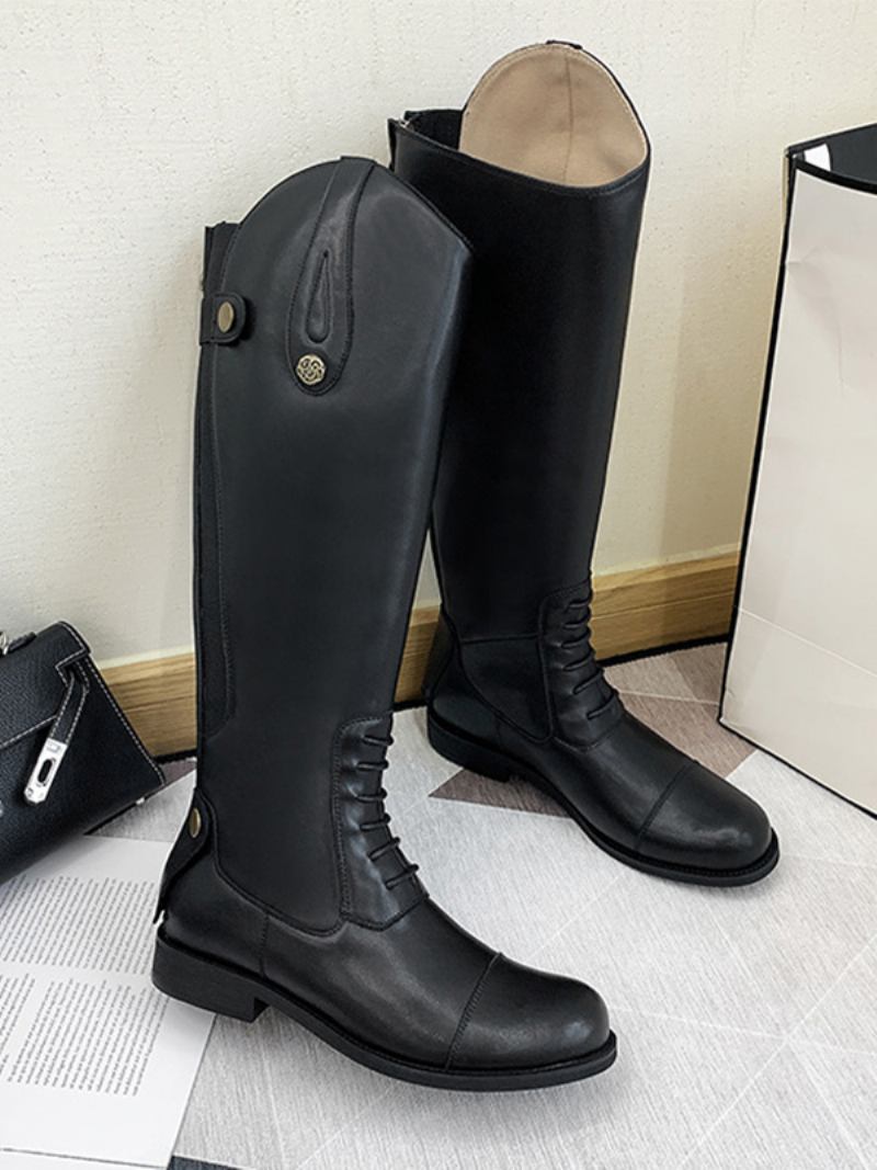 Botas Equitação Femininas Pretas Com Bico Redondo E Cano Médio - Preto