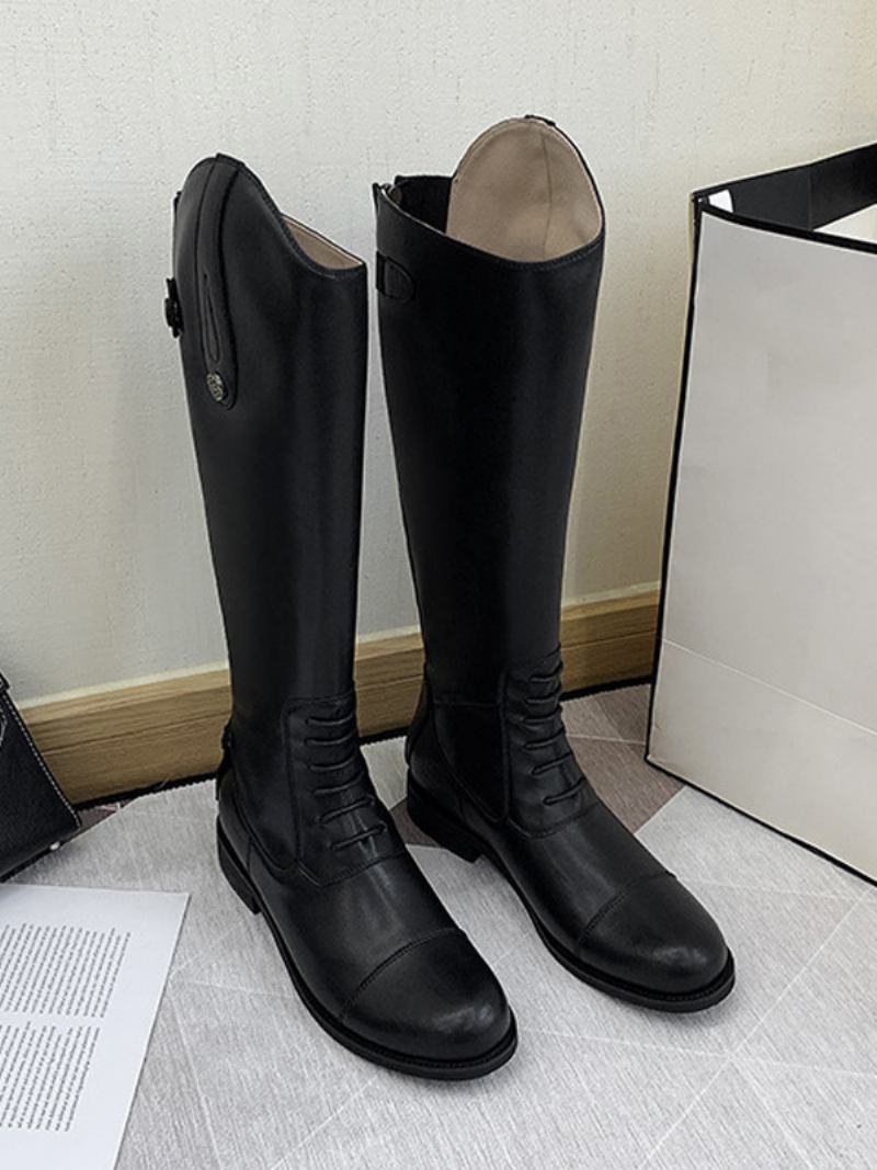 Botas Equitação Femininas Pretas Com Bico Redondo E Cano Médio - Preto