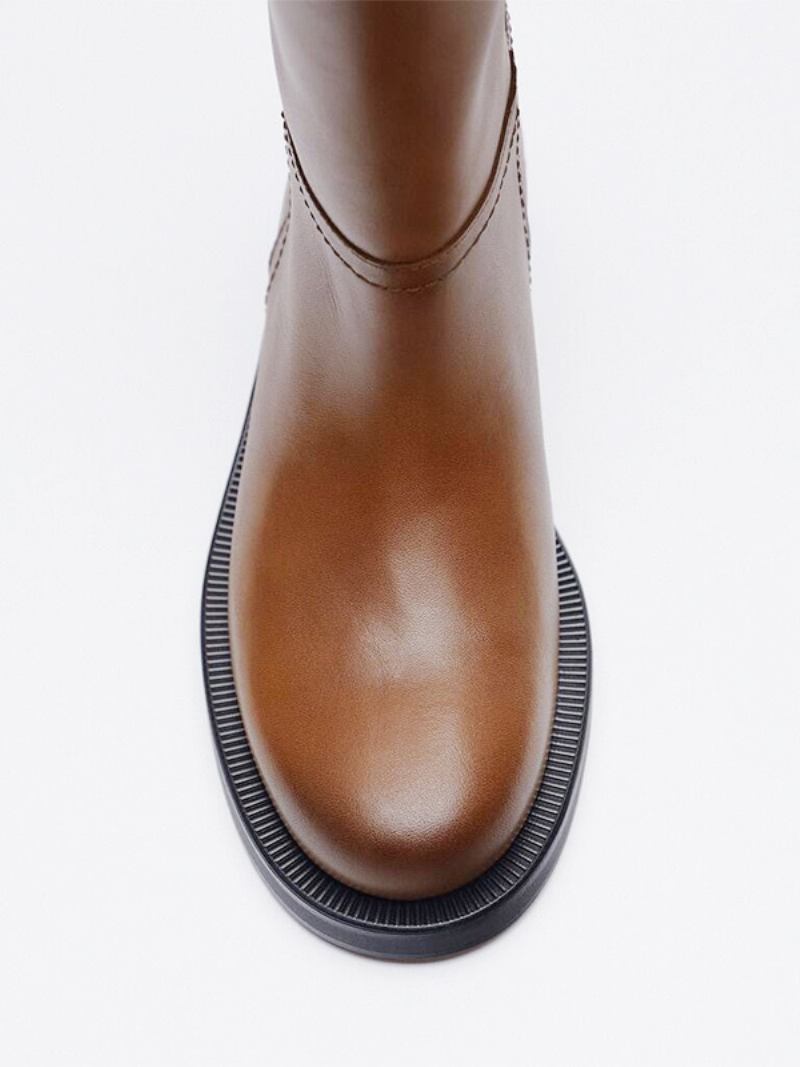 Botas Equitação Marrons Femininas Com Bico Redondo E Altas Até O Joelho - Castanho Profundo