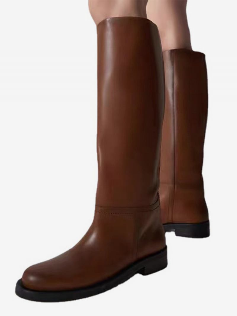 Botas Equitação Marrons Femininas Com Bico Redondo E Altas Até O Joelho - Castanho Profundo