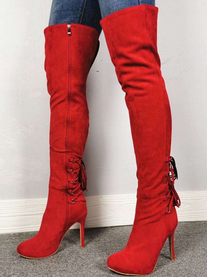 Botas Femininas Acima Do Joelho Bico Fino Vermelho Zíper Salto Alto Coxa Altas