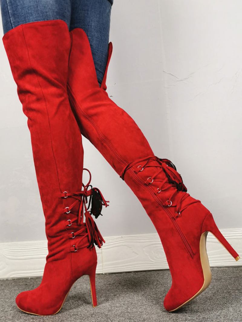 Botas Femininas Acima Do Joelho Bico Fino Vermelho Zíper Salto Alto Coxa Altas - Vermelho