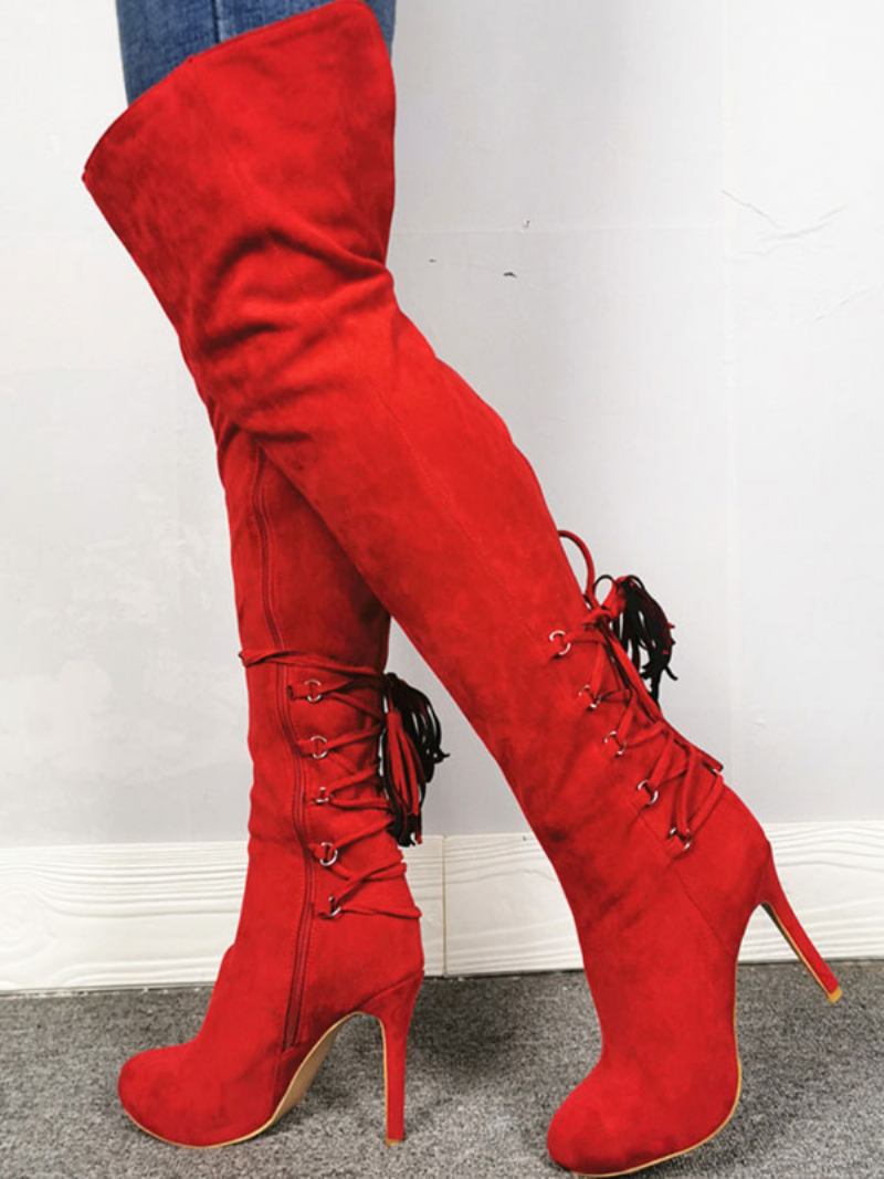 Botas Femininas Acima Do Joelho Bico Fino Vermelho Zíper Salto Alto Coxa Altas - Vermelho