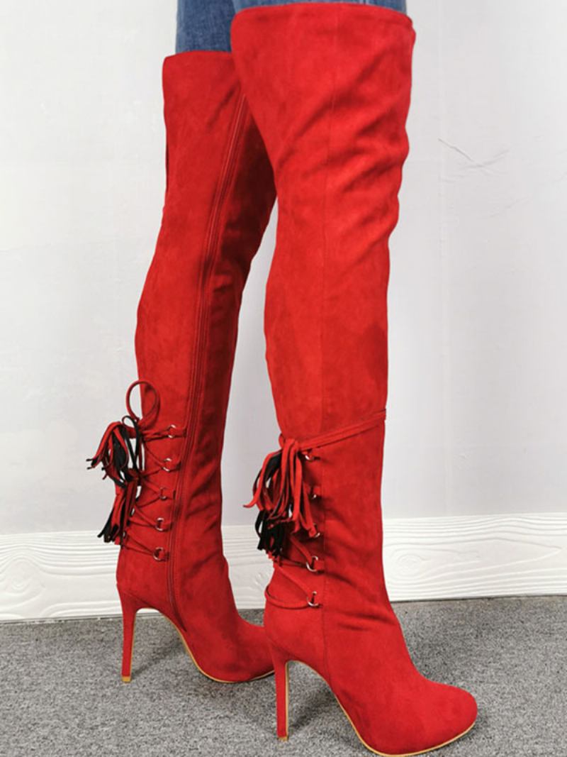 Botas Femininas Acima Do Joelho Bico Fino Vermelho Zíper Salto Alto Coxa Altas - Vermelho