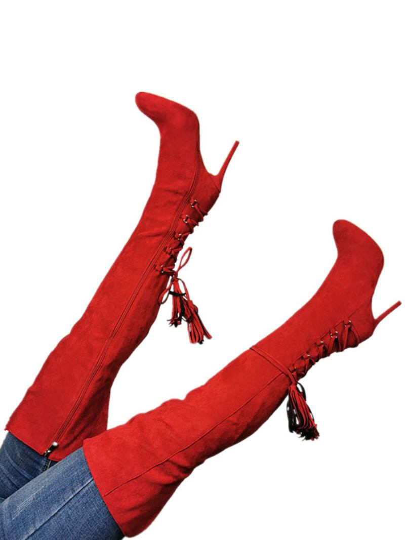 Botas Femininas Acima Do Joelho Bico Fino Vermelho Zíper Salto Alto Coxa Altas - Vermelho