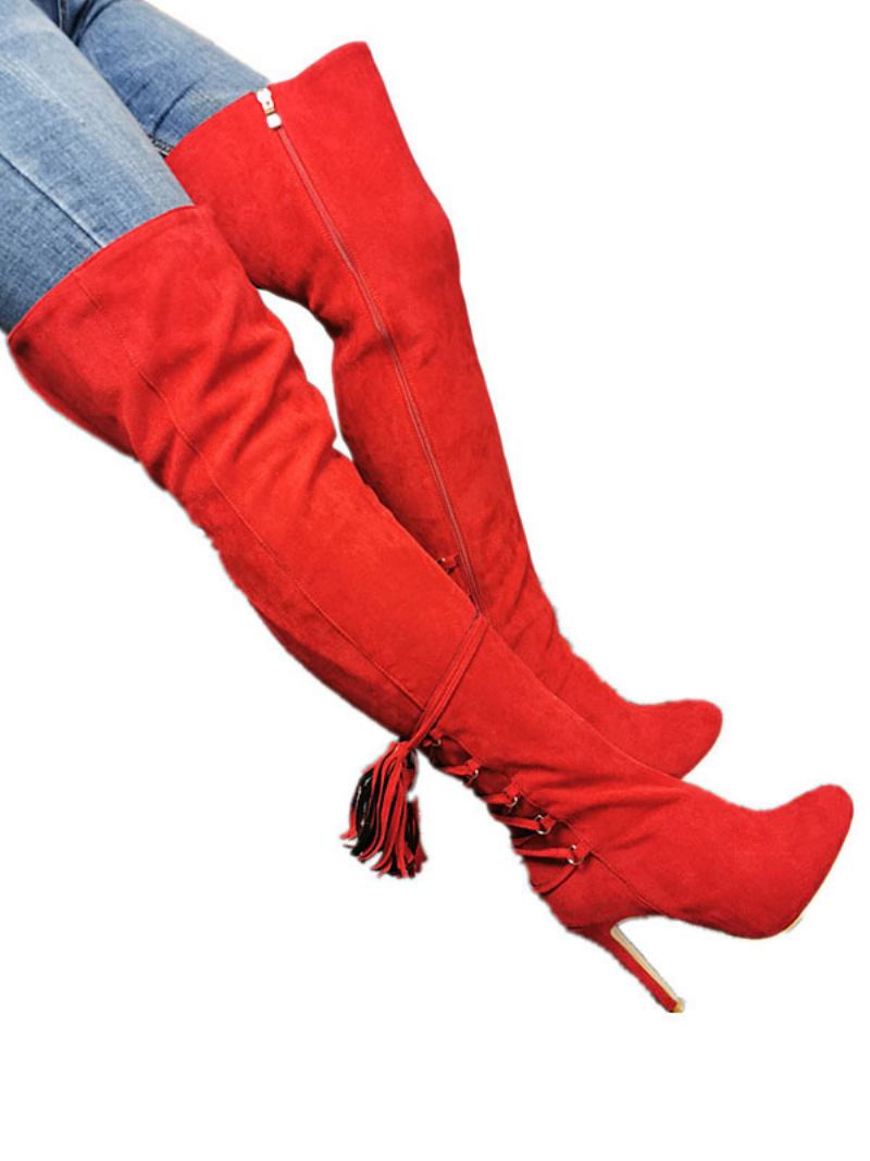 Botas Femininas Acima Do Joelho Bico Fino Vermelho Zíper Salto Alto Coxa Altas - Vermelho