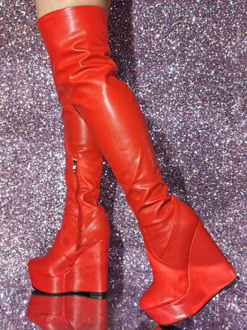 Botas Femininas Acima Do Joelho Bico Redondo Salto Em Cunha Couro Pu - Vermelho