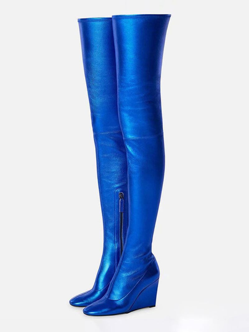 Botas Femininas Acima Do Joelho Bico Redondo Salto Em Cunha Coxa Alta - Azul