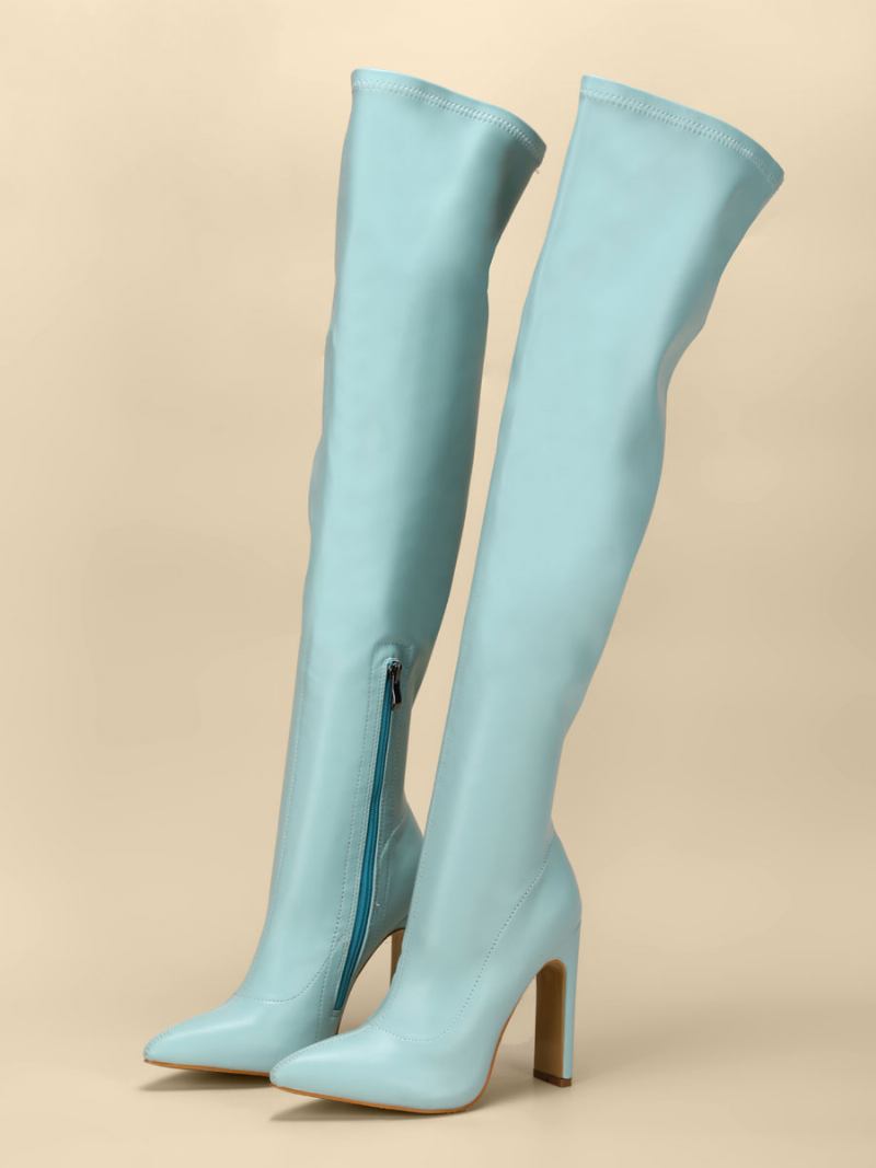 Botas Femininas Acima Do Joelho Com Salto Grosso E Bico Fino Couro Pu Altas Na Coxa -  Azul Celeste Claro