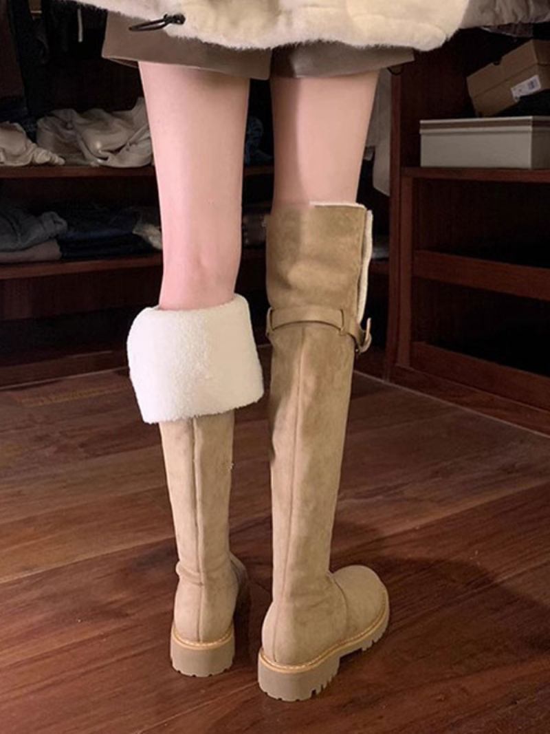 Botas Femininas Acima Do Joelho Em Camurça Cáqui Com Bico Redondo E Punho Curto Pelúcia Para Inverno -  Cáqui