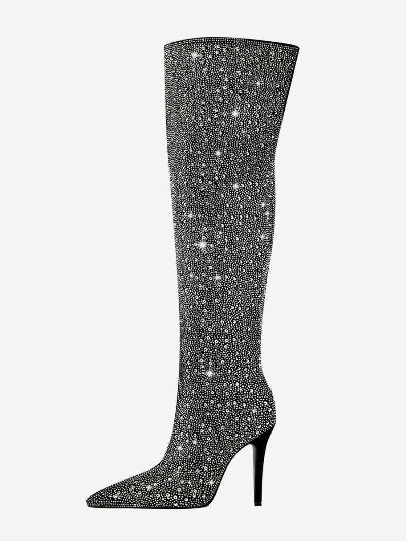 Botas Femininas Acima Do Joelho Para Festa Strass Preto Bico Fino Salto Alto Coxa Alta