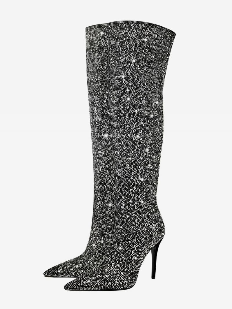 Botas Femininas Acima Do Joelho Para Festa Strass Preto Bico Fino Salto Alto Coxa Alta - Preto