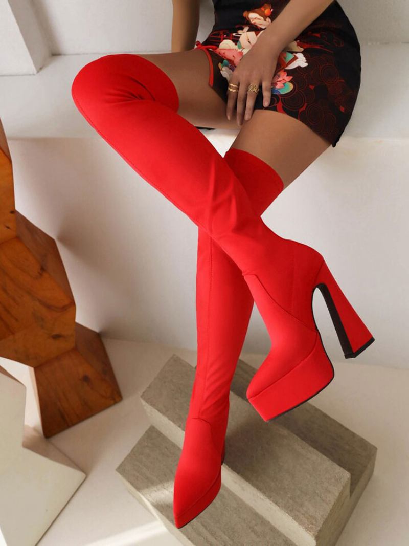 Botas Femininas Acima Do Joelho Plataforma Elástica Bico Fino Salto Grosso Coxa Altas - Vermelho