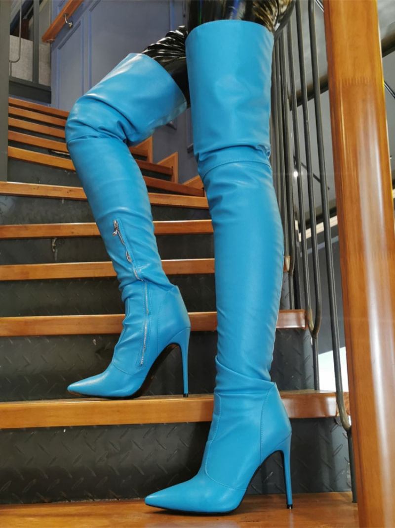 Botas Femininas Acima Do Joelho Plus Size Salto Agulha Bico Fino Zíper Couro Pu Altas Coxa Azul Claro - Azul Céu Claro